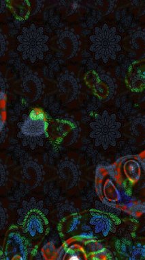 Siyah ve gri renkli çiçekler. Asya tekstil tarzında. Raster illüstrasyonu. Çiçek desenli çizim. Raster illüstrasyonu.