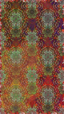 Raster hisseleri. Kusursuz bir arka plan modeli. Kahverengi ve yeşil üzerine çiçekler. Suluboya, elle çizilmiş.