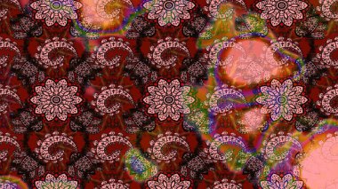 Suluboya elle çizilmiş çiçek desenli eskiz deseni. Parlak renkli fantezi çiçekleri, yapraklar, kahverengi ve pembe renkli tomurcuklar kahverengi ve pembe.