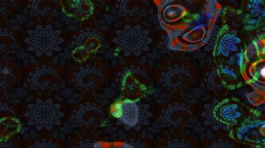 Raster illüstrasyonu. Raster illüstrasyonu. Çiçek desenli çizim. Siyah ve gri renkli çiçekler. Asya tekstil tarzında.