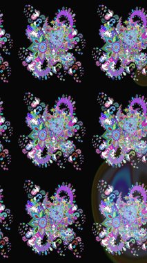 Raster Çiçek İllüstrasyonu 'nun şirin tekstili. Siyah ve mavi renkli etnik çiçeklerle zarif bir eskiz deseni..