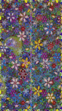 Şatafatlı bahar bahçesi dokusu. Çiçek deseni. Raster illüstrasyonu. Mavi ve yeşil renklerde çiçeksiz. Mavi ve yeşil renkte çiçekler.