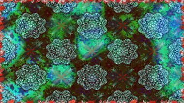 Raster illüstrasyonu. Çiçekli tebrik kartı. Çiçek arkaplan. Suluboya çiçek buketi. Yeşil ve mavi renklerde. Doğum günü kartı ya da düğün davetiyesi.