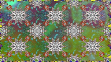 Parlak renkli çiçekleri ve yeşil ve gri renkte yaprakları olan şaşırtıcı, pürüzsüz çiçek deseni. Halk tarzı. Modern çiçek arkaplanı. Moda baskıları için zarif bir şablon.