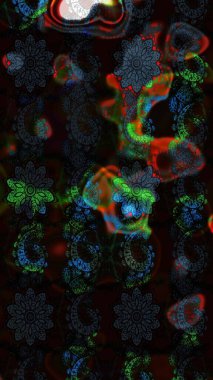 Şirin çiçekli eskiz deseni ve gri ve siyah renkli yapraklar, suluboya çiçek deseni, duvar kağıdı, kart ya da kumaş için fayanslı. Raster illüstrasyonu.