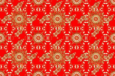 Kusursuz kraliyet lüksü, altın barok kumaş rengi. Altın antika ortaçağ dekoratifi, yapraklar ve kahverengi ve kırmızı renkte altın desenli süslemeleri olan pürüzsüz bir desen..