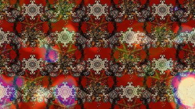 Raster illüstrasyonu. Renkli desenli eskiz deseni, kahverengi, kırmızı ve bej çiçekler ve dekoratif elementler. Eskiz geçmişi. Eski usul. Kumaş, tekstil ve duvar kağıdı baskısı için..