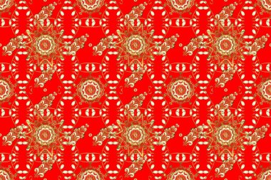 Kusursuz kraliyet lüksü, altın barok kumaş rengi. Altın antika ortaçağ dekoratifi, yapraklar ve kahverengi ve kırmızı renkte altın desenli süslemeleri olan pürüzsüz bir desen..