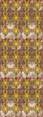 Moda baskıları için zarif bir şablon. Modern çiçek arkaplanı. Halk tarzı. Parlak renkli çiçekleri ve kahverengi ve bej renkli yaprakları olan harika bir çiçek deseni..