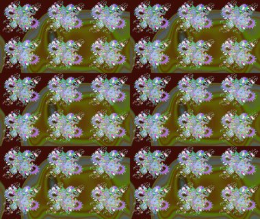 Kahverengi ve yeşil, zarif küçük çiçekler ve kahverengi ve yeşil renkli komik böcekler, raster desen, illüstrasyon.