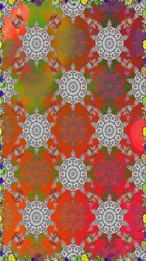 Asya tekstil tarzında. Kahverengi ve turuncu renkli çiçekler. Raster illüstrasyonu. Kusursuz çiçek deseni. Raster illüstrasyonu.