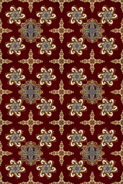 Kış kar dokusu duvar kağıdı. Noel altın kar tanesi kusursuz desen. Sembol bayramı, yeni yıl kutlamaları, altın desenler. Kahverengi, kırmızı ve bej renklerde altın kar taneleri.