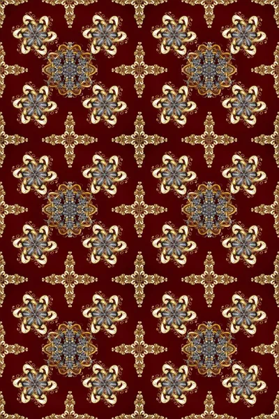 Kış kar dokusu duvar kağıdı. Noel altın kar tanesi kusursuz desen. Sembol bayramı, yeni yıl kutlamaları, altın desenler. Kahverengi, kırmızı ve bej renklerde altın kar taneleri.