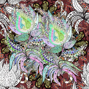 Yaprak ve çiçeklerin suluboya resmi, tarafsız ve gri renklerde kusursuz desen. Vektör çizimi. Tarafsız ve gri renklerde bahar çiçekleri.