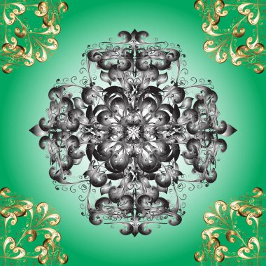 Klasik oryantal desen yeşil ve gri renkler üzerinde. Damask pürüzsüz süsü. Geleneksel ve altın desen.