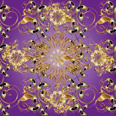 Hassas altın deseni açın. Parlak dantel, stilize çiçekler, şal desenli. Mor üzerindeki kusursuz desen, altın elementli nötr renkler. Doğu tarzı arabesk. Kusursuz altın dokular bukleler