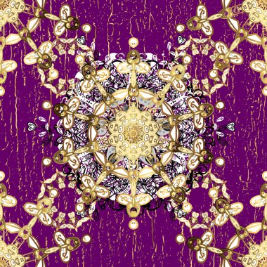 Kusursuz altın desenli bukleler. Hassas altın deseni açın. Parlak dantel, stilize çiçekler, şal desenli. Mor ve beyaz renklerde altın elementlerle kusursuz desen. Doğu tarzı arabesk.