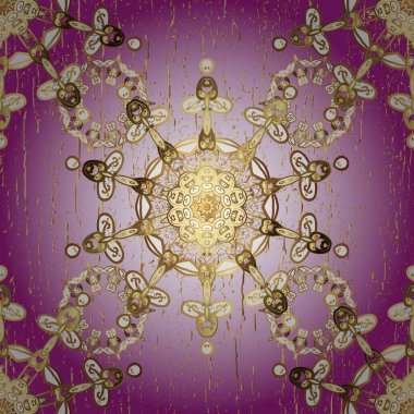 Tarafsız ve mor renklerde altın elementlerle kusursuz desen. Vektör doğu süsü. Kusursuz altın desen.