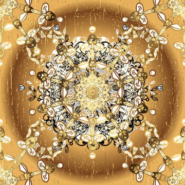 Süslü vektör dekorasyonu. Lüks, kraliyet ve Viktorya dönemi konsepti. Kahverengi ve bej renklerde altın element. Kahverengi ve bej üzerine altın rengi klasik barok çiçekli desenler..