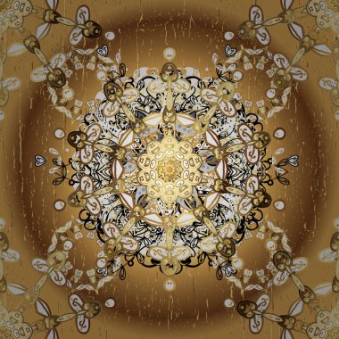 Altın unsurları ile kahverengi ve bej renklerde Vintage Dikişsiz desen. Vektör Illustration.