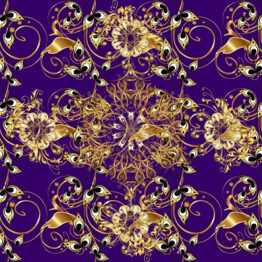 Klasik, kusursuz, kusursuz bir vektör. Çiçek süsü kumaş deseni, cam, çiçek desenli metal mavi ve kahverengi, altın elementli..