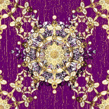 Klasik klasik klasik arka plan. Geleneksel oryantasyon süsü. Kusursuz klasik vektör altın deseni. Mor ve beyaz renklerde altın elementlerle kusursuz desen.