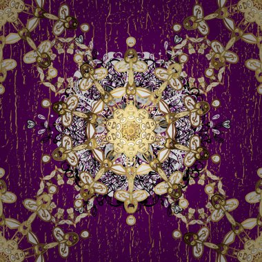 Damask pürüzsüz süsü. Geleneksel vektör ve altın desen. Mor ve beyaz renkler üzerinde klasik oryantal desen.