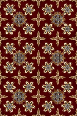 Kış kar dokusu duvar kağıdı. Noel altın kar tanesi kusursuz desen. Sembol bayramı, yeni yıl kutlamaları, altın desenler. Kahverengi, kırmızı ve bej renklerde altın kar taneleri.