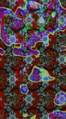 Çiçek ve yapraklı karalama şeklinde Raster çiçek deseni. Kibar, bahar çiçekleri kırmızı ve mavi renklerde. Raster illüstrasyonu.