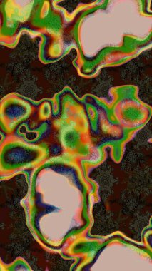 Raster illüstrasyonu. Kahverengi ve yeşil renkli Asya tekstili. Suluboya çiçekli çiçek deseni.