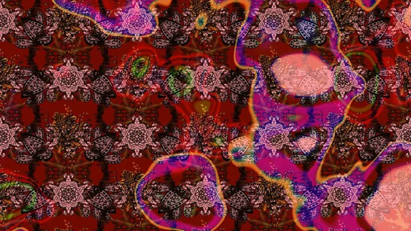 Kabile sanatı boho baskısı, klasik çiçek arkaplanı. Soyut etnik raster çizim kalıbı. Arkaplan dokusu, duvar kağıdı, kahverengi ve kırmızı renkli çiçek teması.