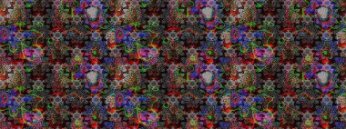 Renkli Bahar Teması eskiz kalıbı. Raster illüstrasyonundaki çiçek desenli çizim. Düz Çiçek Elementleri Tasarımı. Siyah ve gri renkte çiçekler.