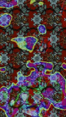 Çiçek ve yapraklı karalama şeklinde Raster çiçek deseni. Raster illüstrasyonu. Kibarca, bahar çiçekleri kırmızı ve mavi renklerde.