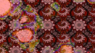 Suluboya elle çizilmiş çiçek desenli eskiz deseni. Parlak renkli fantezi çiçekleri, yapraklar, kahverengi ve pembe renkli tomurcuklar kahverengi ve pembe.