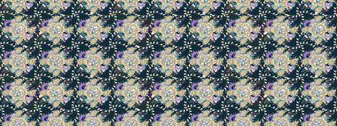 Raster illüstrasyonu. Raster deseni. Patlayan çiçekler soyut olarak yerleştirilmiş. Yumuşak, bahar çiçekleri mavi renklerde.