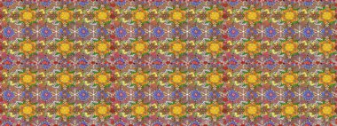 Renkli şal desenli, kahverengi çiçekli ve dekoratif elementli kusursuz desen. Raster illüstrasyonu. Kusursuz bir geçmişi var. Kumaş, tekstil, duvar kağıdı baskısı için. Antika retro tarzı.