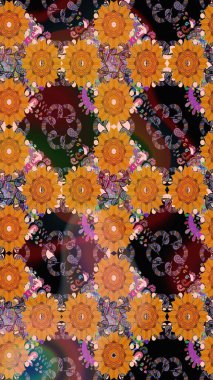 Turuncu renkli çiçekler. Hediye ambalaj kağıdı, tebrik kartları, posterler ve pankart tasarımı. Raster düz çiçek çizim deseni.