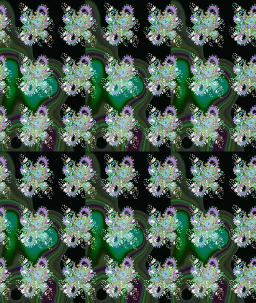 Yeşil ve siyah renkli etnik çiçeklerle süslenmiş zarif bir eskiz şekli. Asya Tekstil 'inde Raster Çiçek İllüstrasyonu.