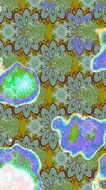 Yeşil ve mavi renkli bitkilerden oluşan parlak çiçekli çizim deseni.