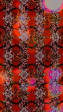 Üzerinde gelincikler ve vadi zambakları olan renkli çiçek desenli nakış deseni. Tekstil tasarımı için geleneksel Raster çiçek buketi kahverengi, kırmızı ve siyah renkler.