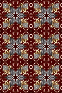 Gri, kırmızı ve kahverengi renklerde altın desenli altın elementler. Lüks, kraliyet ve Viktorya dönemi konsepti. Süslü dekorasyon. Raster klasik barok çiçeksiz altın desenli..