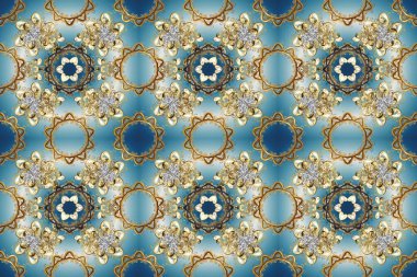 Bej, mavi ve nötr renklerde kusursuz desen. Raster altın pürüzsüz desen. Kusursuz altın desenli bukleler. Doğu tarzında altın elementler arabesk.