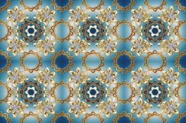 Bej, mavi ve nötr renklerde kusursuz desen. Raster altın pürüzsüz desen. Kusursuz altın desenli bukleler. Doğu tarzında altın elementler arabesk.