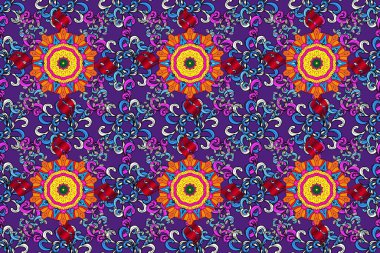 Siyah ve mor renklere karalamalar çizen kusursuz çiçek deseni. Raster illüstrasyonu.