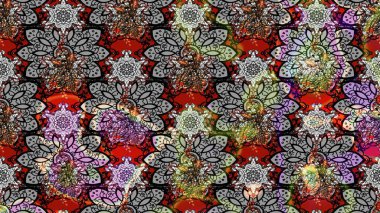 Çiçek desenli çizim. Raster illüstrasyonu. Raster illüstrasyonu. Gri renkli çiçekler. Asya tekstil tarzında.