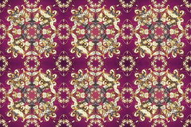 Geleneksel oryantasyon süsü. Mor, bej ve kahverengi renklerde altın elementlerle kusursuz desen. Klasik klasik klasik arka plan. Klasik raster altın pürüzsüz desen.