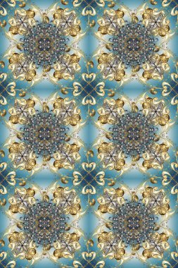 Raster altın pürüzsüz desen. Düz elle çizilmiş klasik koleksiyon. Altın desenli mavi, nötr ve gri renkte altın elementler. Arkaplan, kumaş, altın duvar kağıdı.