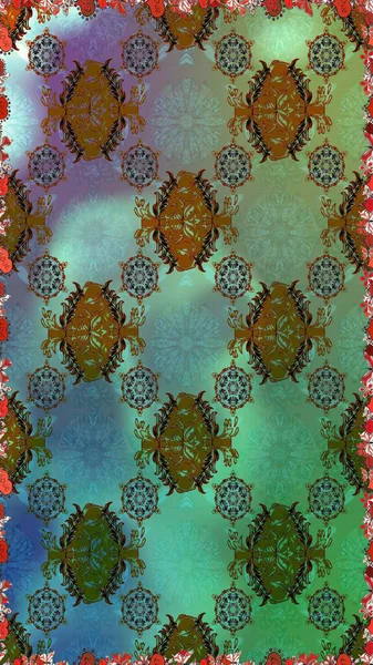 Raster illüstrasyonu. Kusursuz Chichi kumaş deseni. Düz Çiçek Elementleri Tasarımı. Renkli Bahar Temalı Kusursuz Arkaplan. Çiçek deseni.