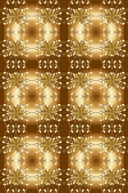 Raster illüstrasyonu. Güzel renklerde ve altın elementlerle kusursuz desen. Doğu tarzı arabesk. Parlak dantel, stilize çiçekler, şal desenli. Kusursuz altın desenli bukleler. Zarif altın deseni aç