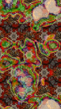 Raster Çiçek İllüstrasyonu güzel tekstil. Kahverengi ve kırmızı renkte etnik çiçeklerle süslenmiş zarif bir eskiz..